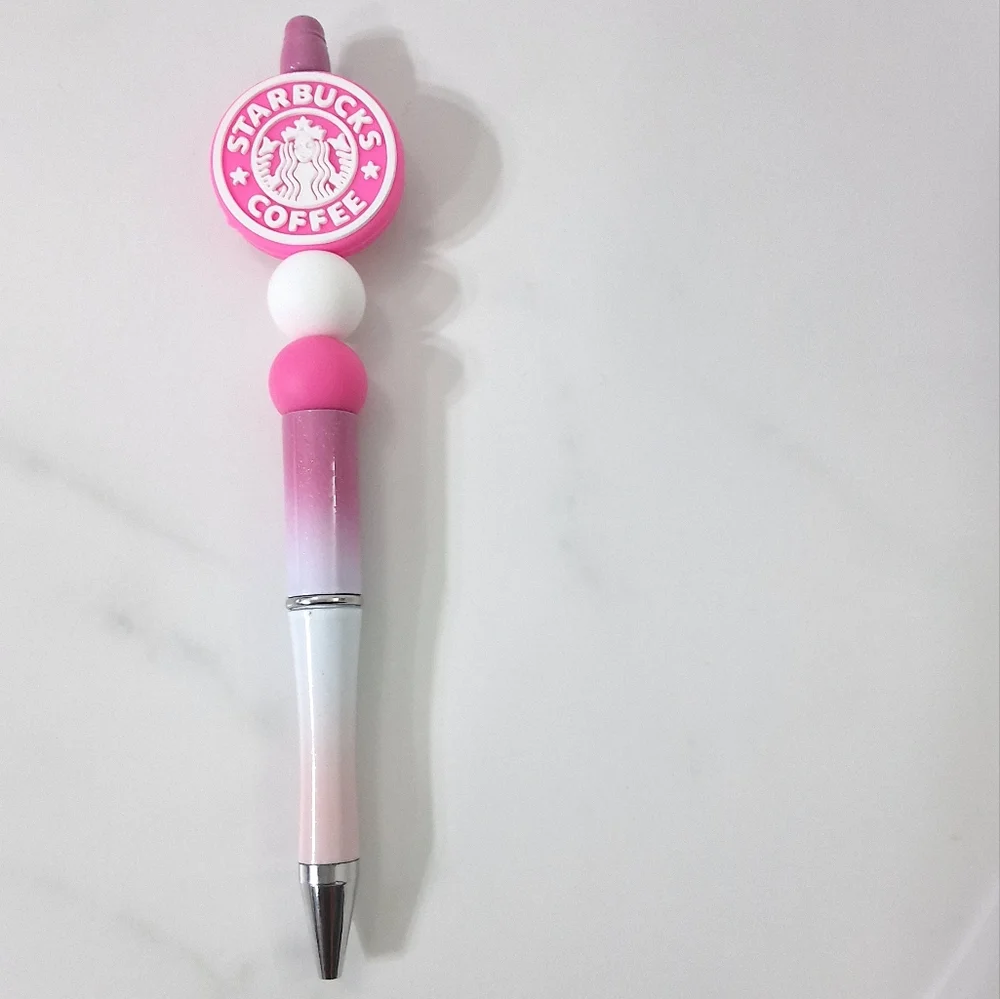 Starbucks Coffee Pink & White Beaded Writing Pen, Black Ink Pen, NEW